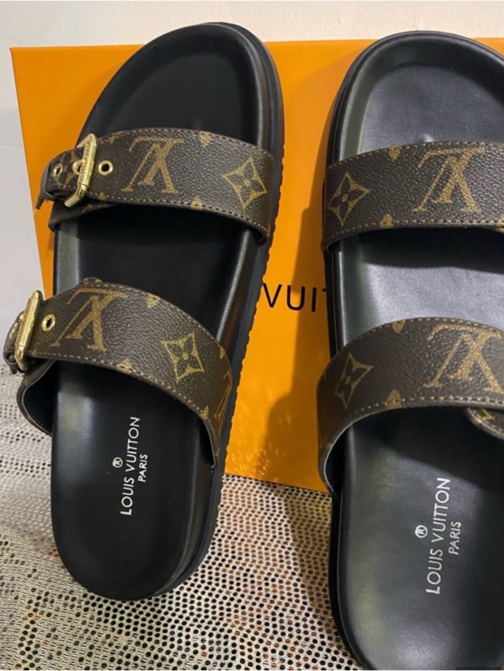 Louis Vuitton Brown Monogram Double-Strap Sandals with Gold Buckles